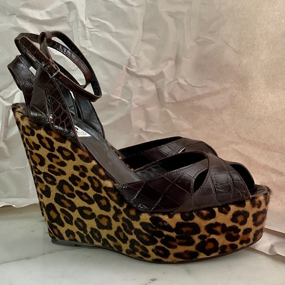 BARNEY'S Co-op Alligator Embossed Chocolate Leather Hair On Leopard Print 41 NWT - Picture 5 of 8